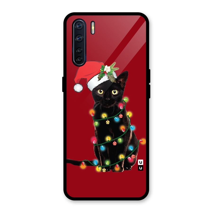 Christmas Cap Cute Cat Glass Back Case for Oppo F15
