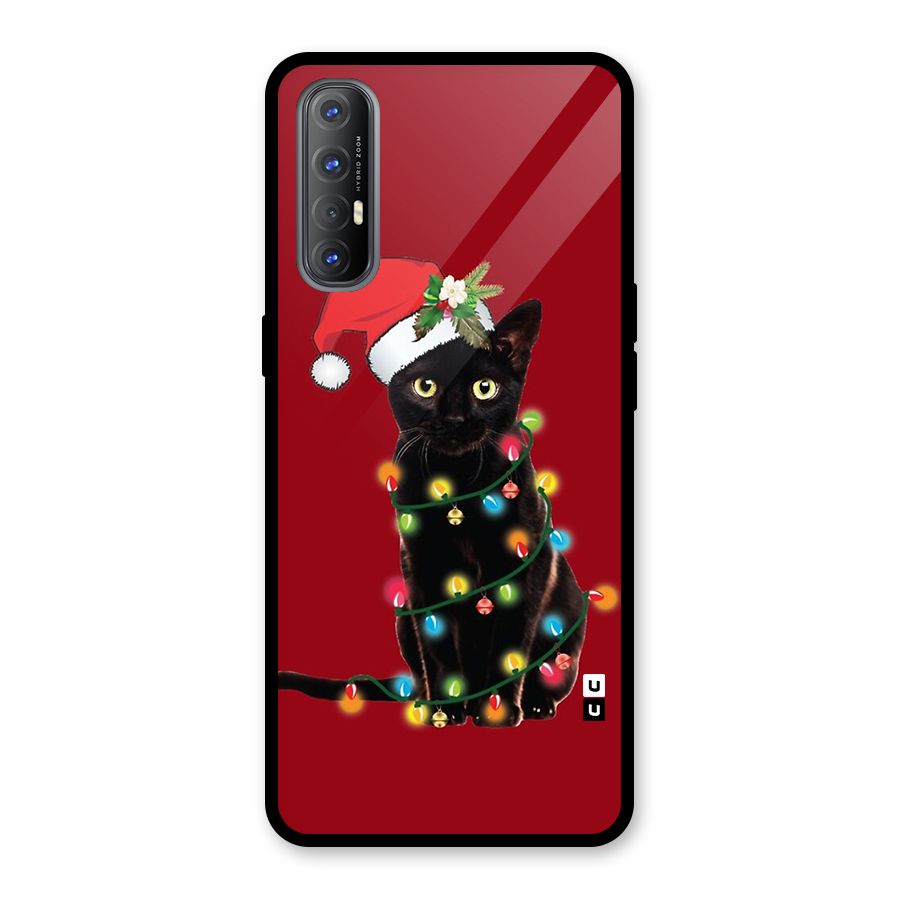 Christmas Cap Cute Cat Glass Back Case for Oppo Reno3 Pro