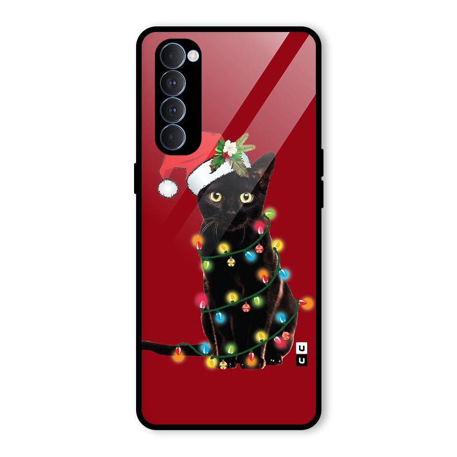 Christmas Cap Cute Cat Glass Back Case for Oppo Reno4 Pro