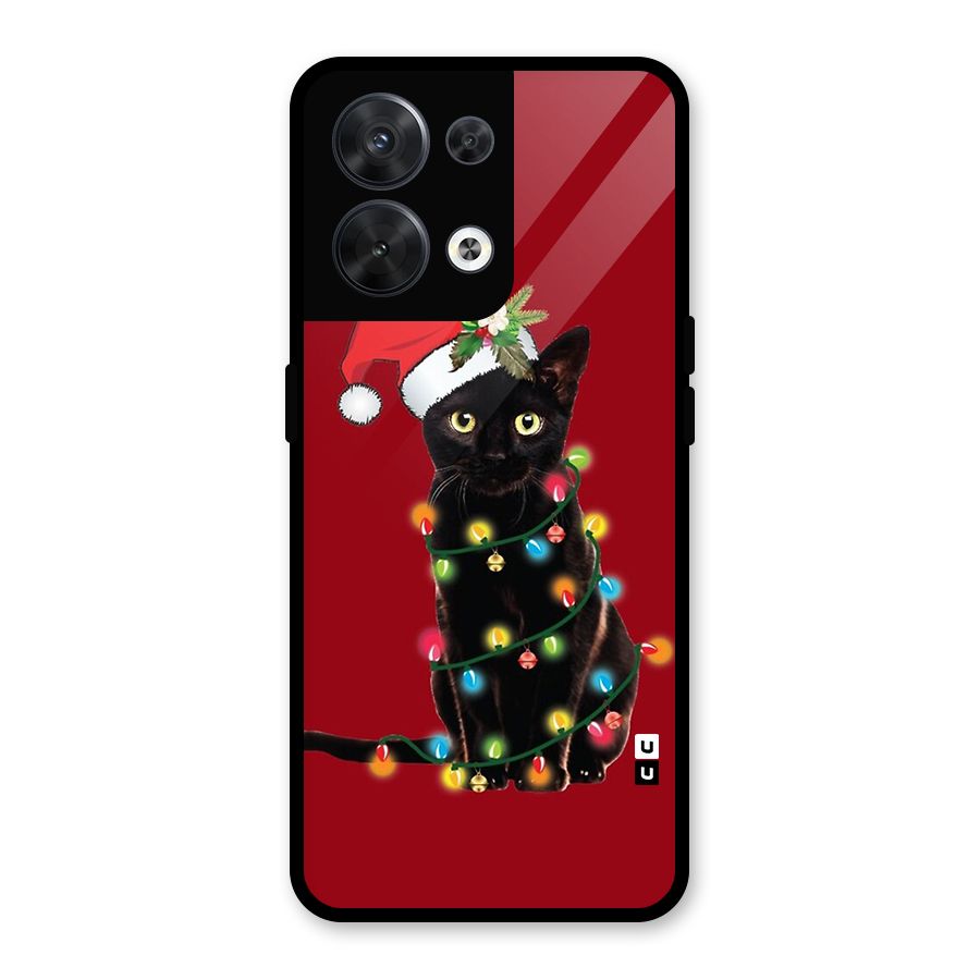 Christmas Cap Cute Cat Glass Back Case for Oppo Reno8 5G