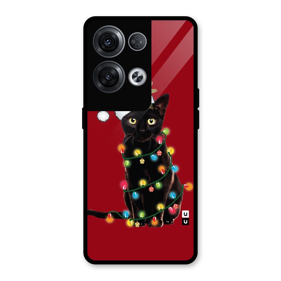Christmas Cap Cute Cat Glass Back Case for Oppo Reno8 Pro 5G