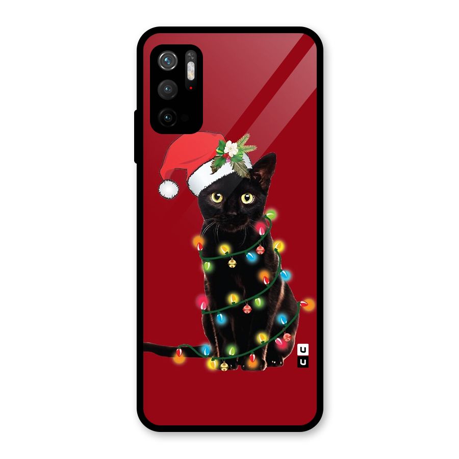 Christmas Cap Cute Cat Glass Back Case for Poco M3 Pro 5G