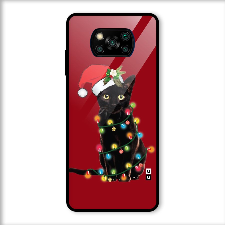 Christmas Cap Cute Cat Glass Back Case for Poco X3