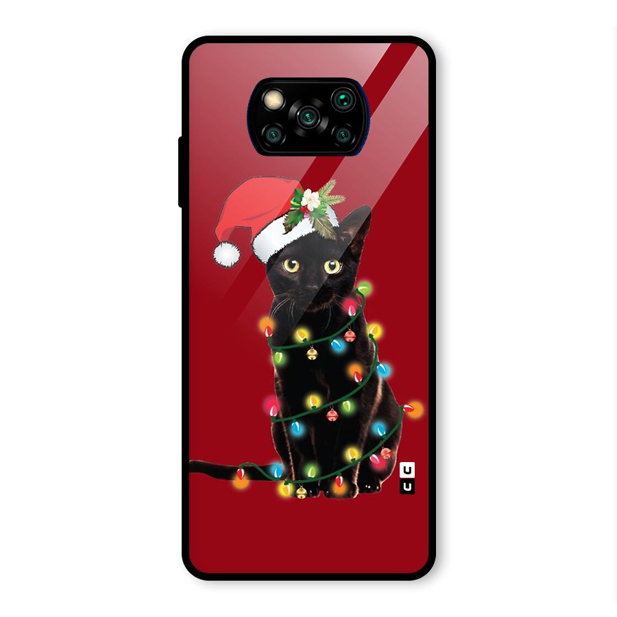 Christmas Cap Cute Cat Glass Back Case for Poco X3 Pro