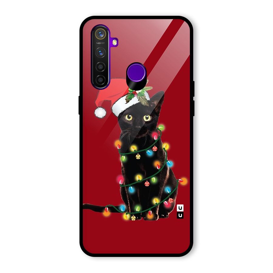 Christmas Cap Cute Cat Glass Back Case for Realme 5 Pro