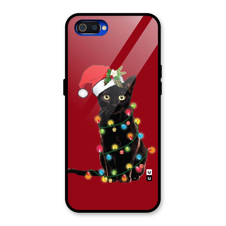Christmas Cap Cute Cat Glass Back Case for Realme C2
