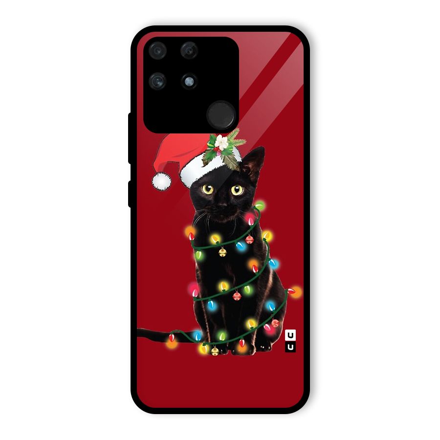 Christmas Cap Cute Cat Glass Back Case for Realme Narzo 50A