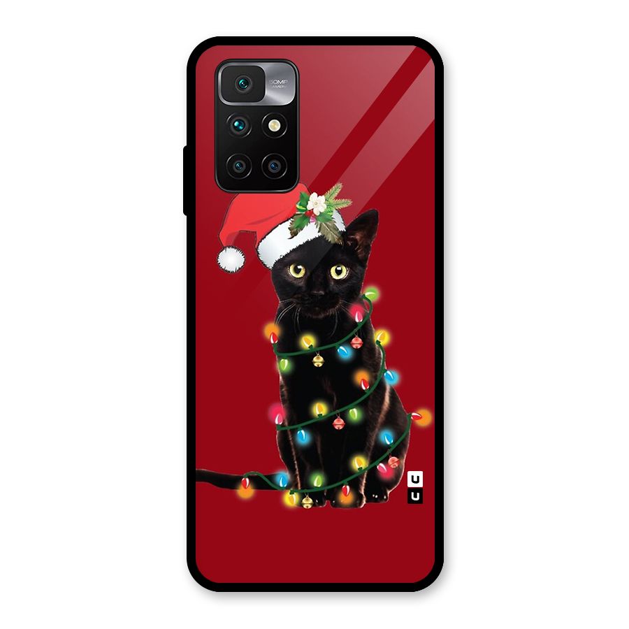Christmas Cap Cute Cat Glass Back Case for Redmi 10 Prime