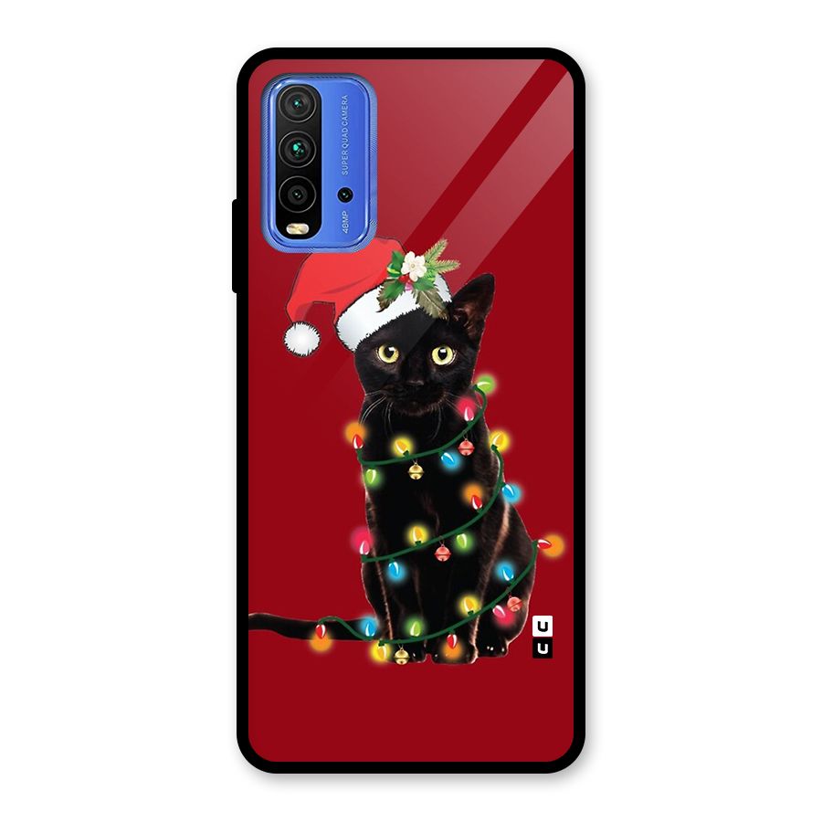 Christmas Cap Cute Cat Glass Back Case for Redmi 9 Power