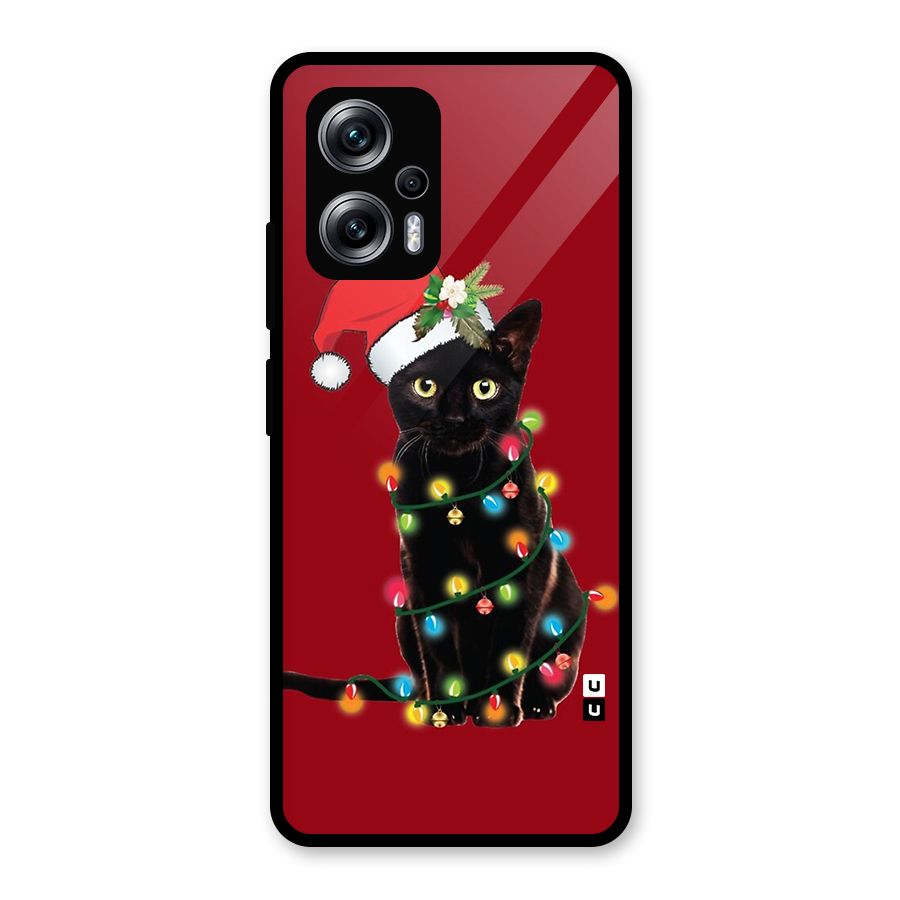 Christmas Cap Cute Cat Glass Back Case for Redmi K50i