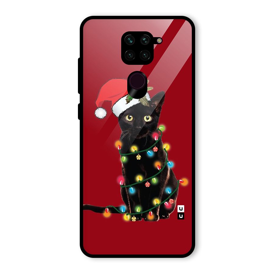 Christmas Cap Cute Cat Glass Back Case for Redmi Note 9
