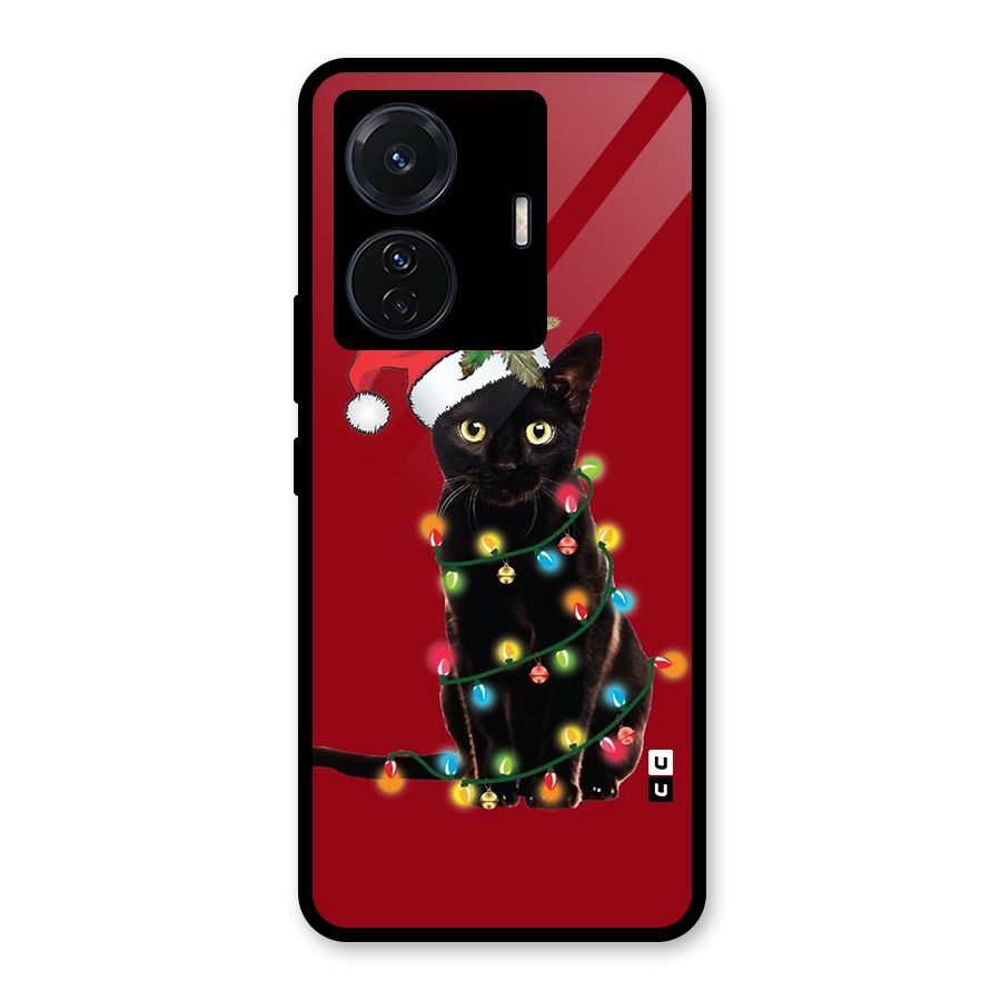 Christmas Cap Cute Cat Glass Back Case for Vivo T1 Pro