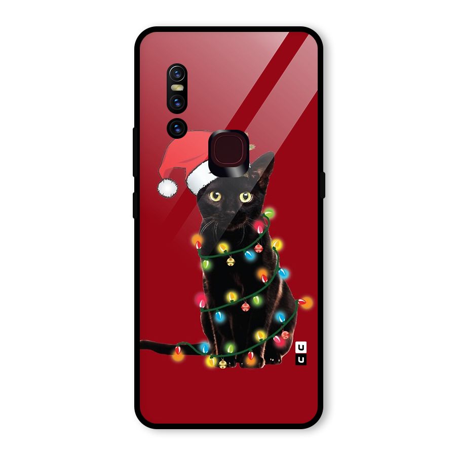 Christmas Cap Cute Cat Glass Back Case for Vivo V15