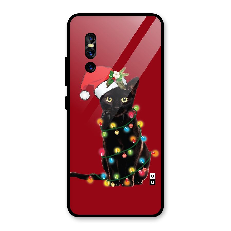 Christmas Cap Cute Cat Glass Back Case for Vivo V15 Pro