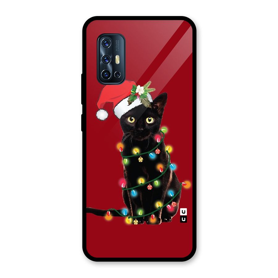 Christmas Cap Cute Cat Glass Back Case for Vivo V17