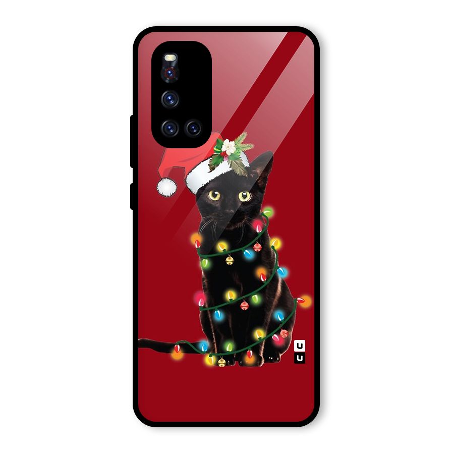 Christmas Cap Cute Cat Glass Back Case for Vivo V19