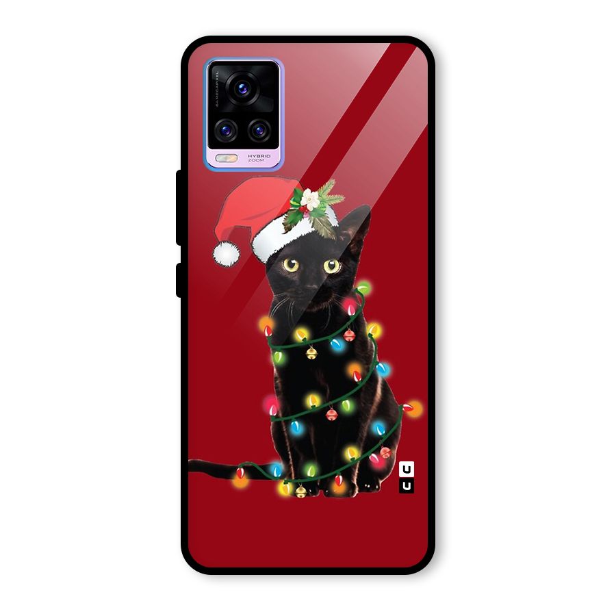 Christmas Cap Cute Cat Glass Back Case for Vivo V20 Pro