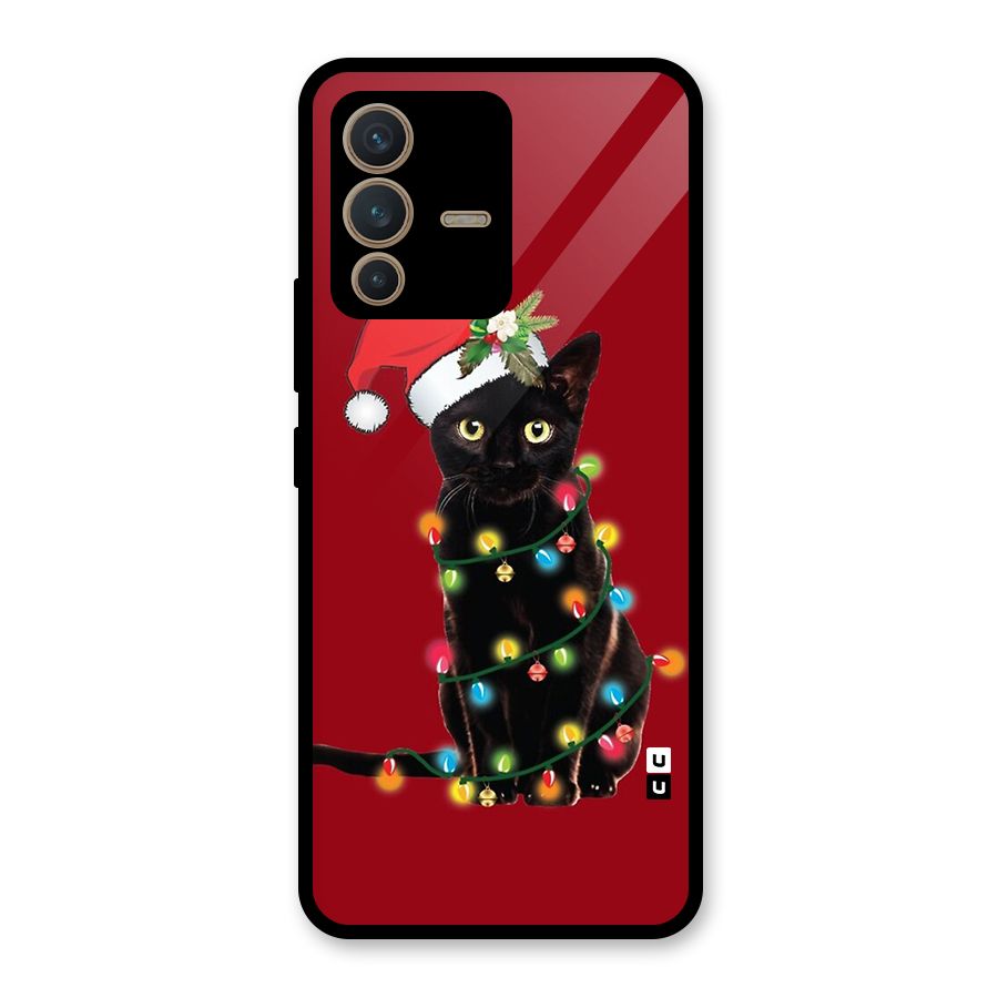 Christmas Cap Cute Cat Glass Back Case for Vivo V23 5G