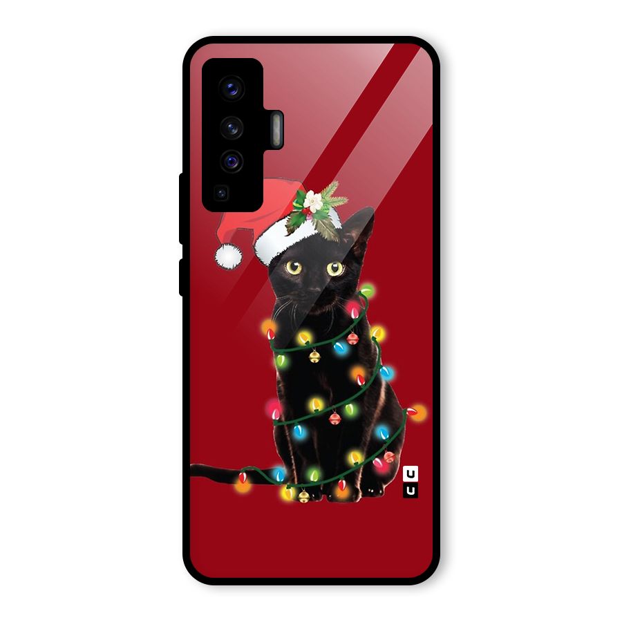 Christmas Cap Cute Cat Glass Back Case for Vivo X50