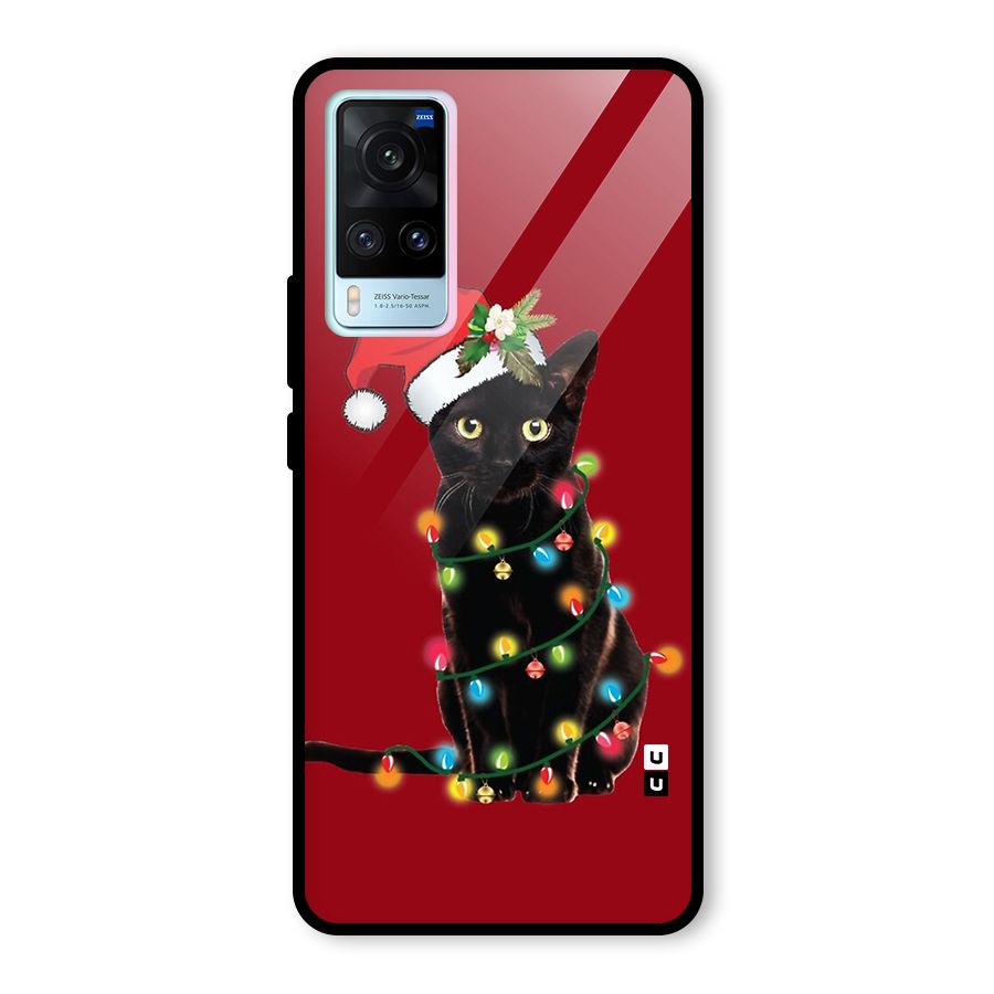 Christmas Cap Cute Cat Glass Back Case for Vivo X60