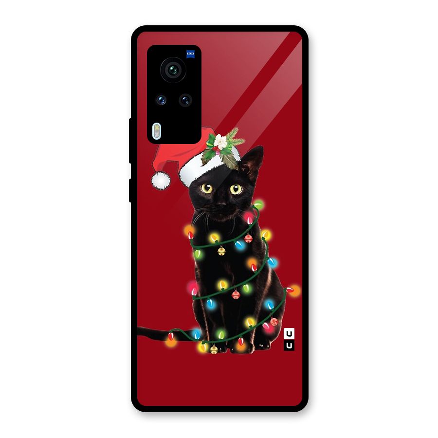 Christmas Cap Cute Cat Glass Back Case for Vivo X60 Pro