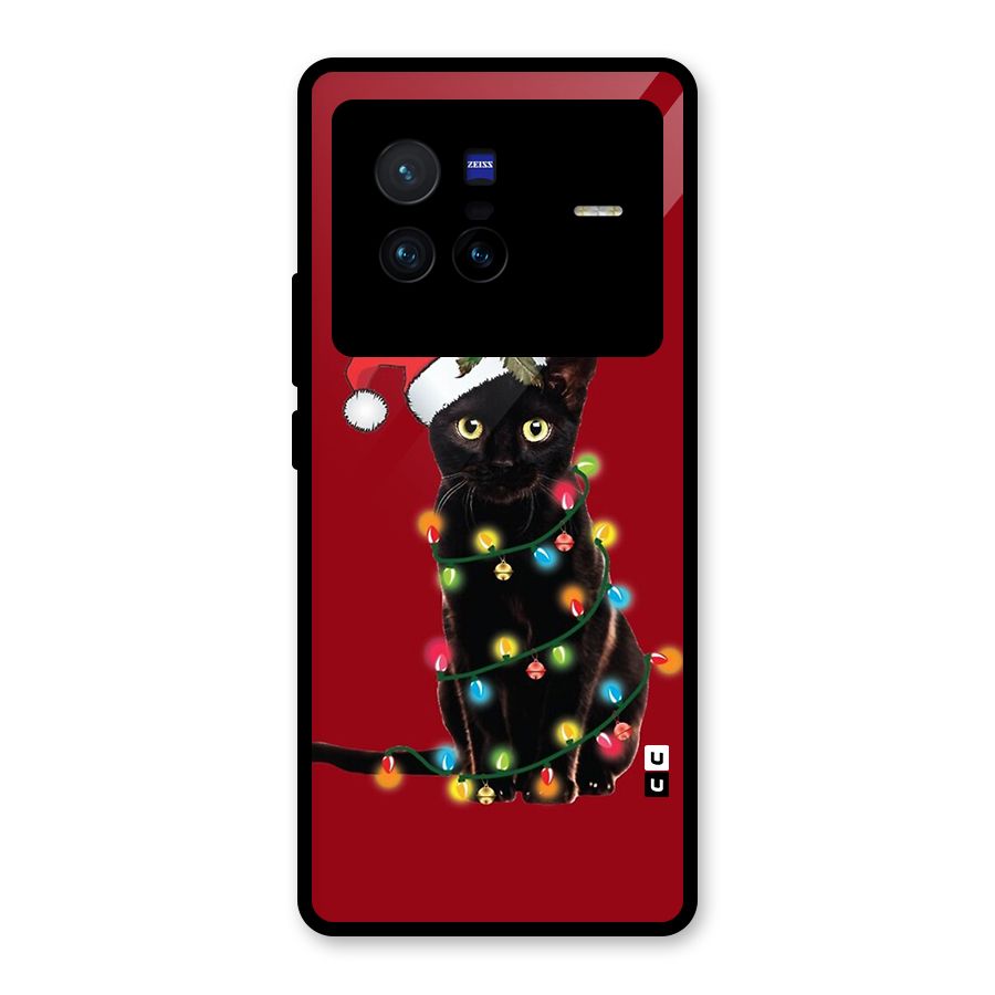 Christmas Cap Cute Cat Glass Back Case for Vivo X80