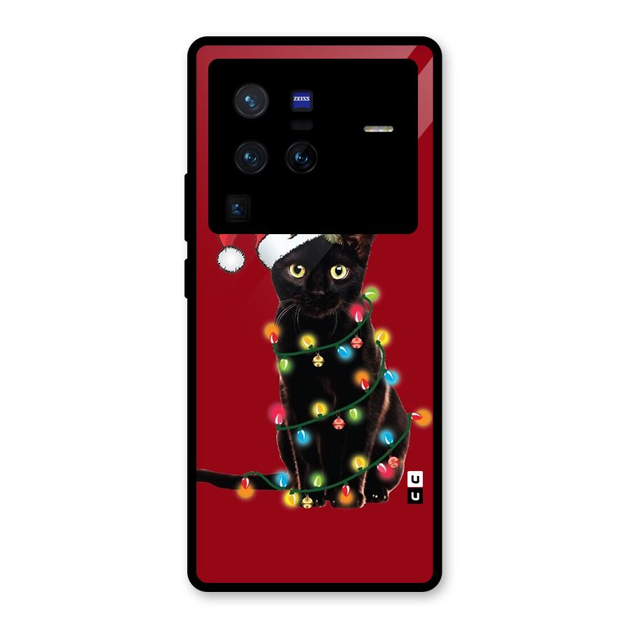 Christmas Cap Cute Cat Glass Back Case for Vivo X80 Pro