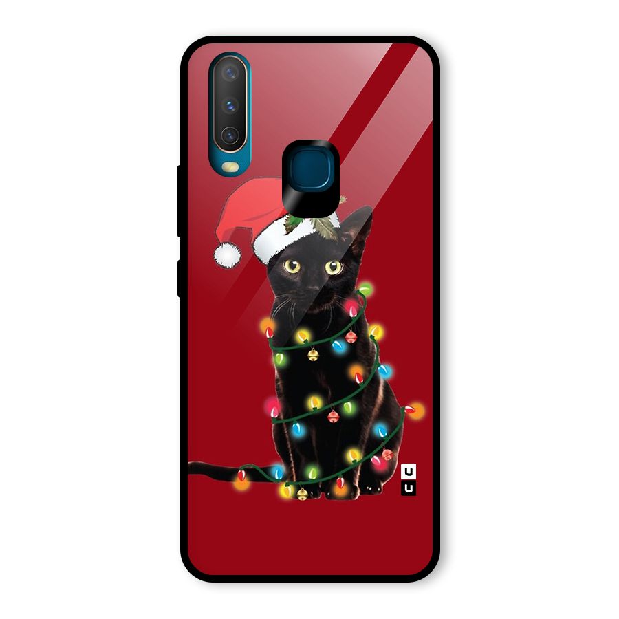 Christmas Cap Cute Cat Glass Back Case for Vivo Y12