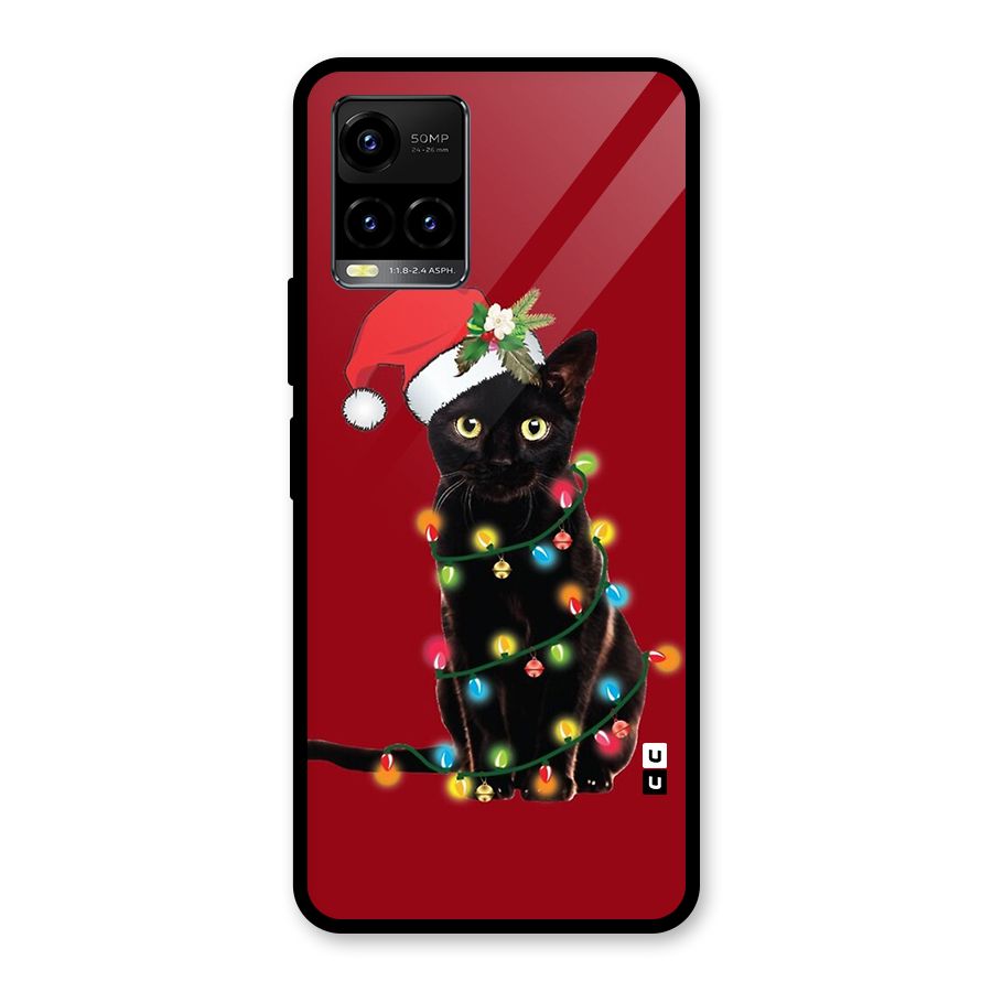 Christmas Cap Cute Cat Glass Back Case for Vivo Y21T