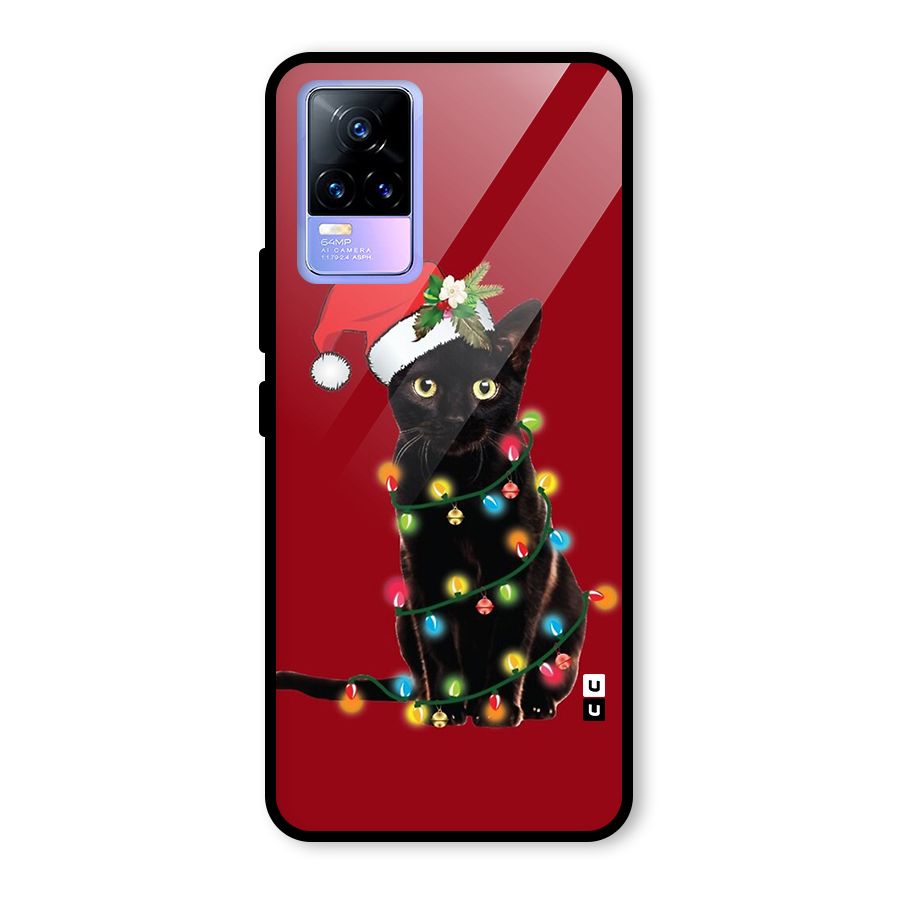 Christmas Cap Cute Cat Glass Back Case for Vivo Y73