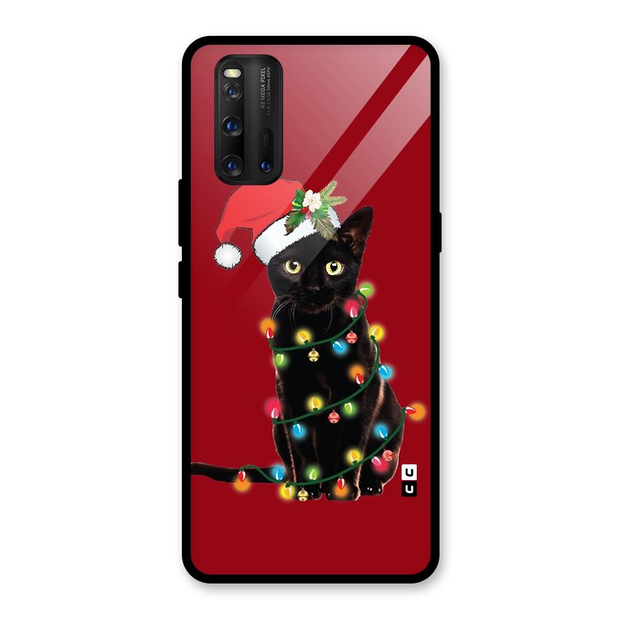 Christmas Cap Cute Cat Glass Back Case for Vivo iQOO 3