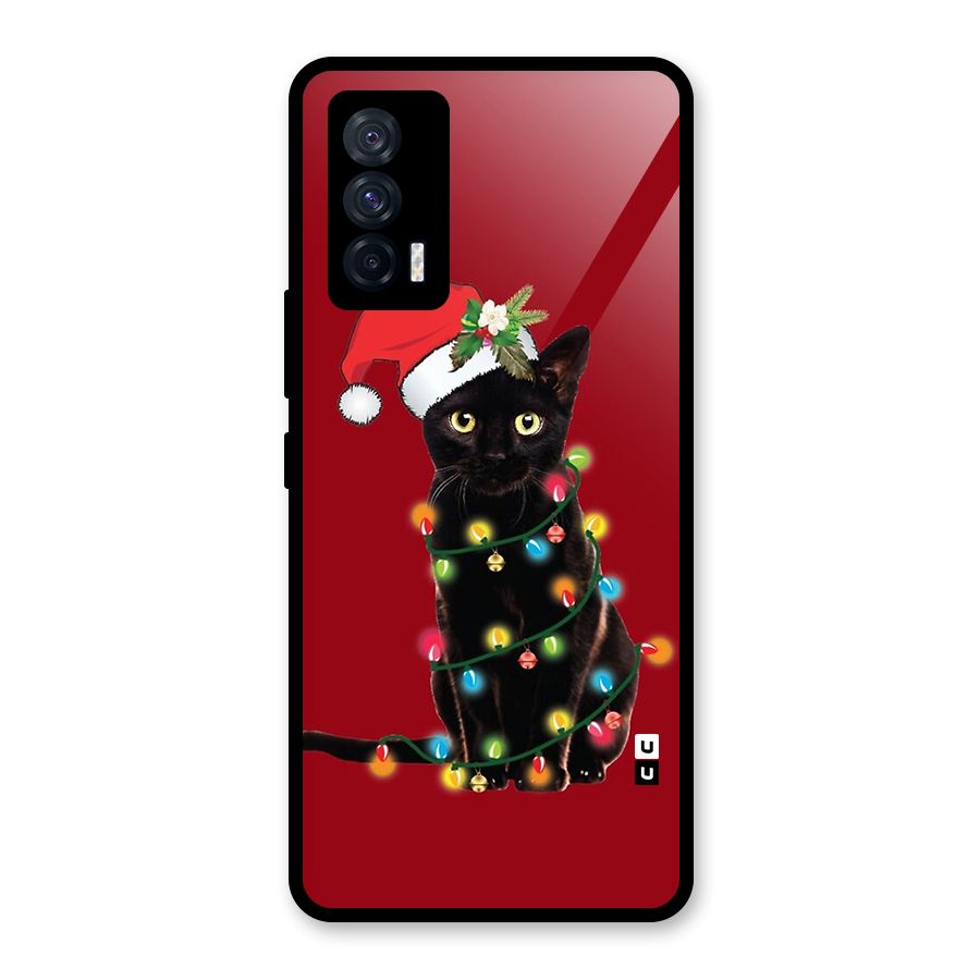 Christmas Cap Cute Cat Glass Back Case for Vivo iQOO 7 5G