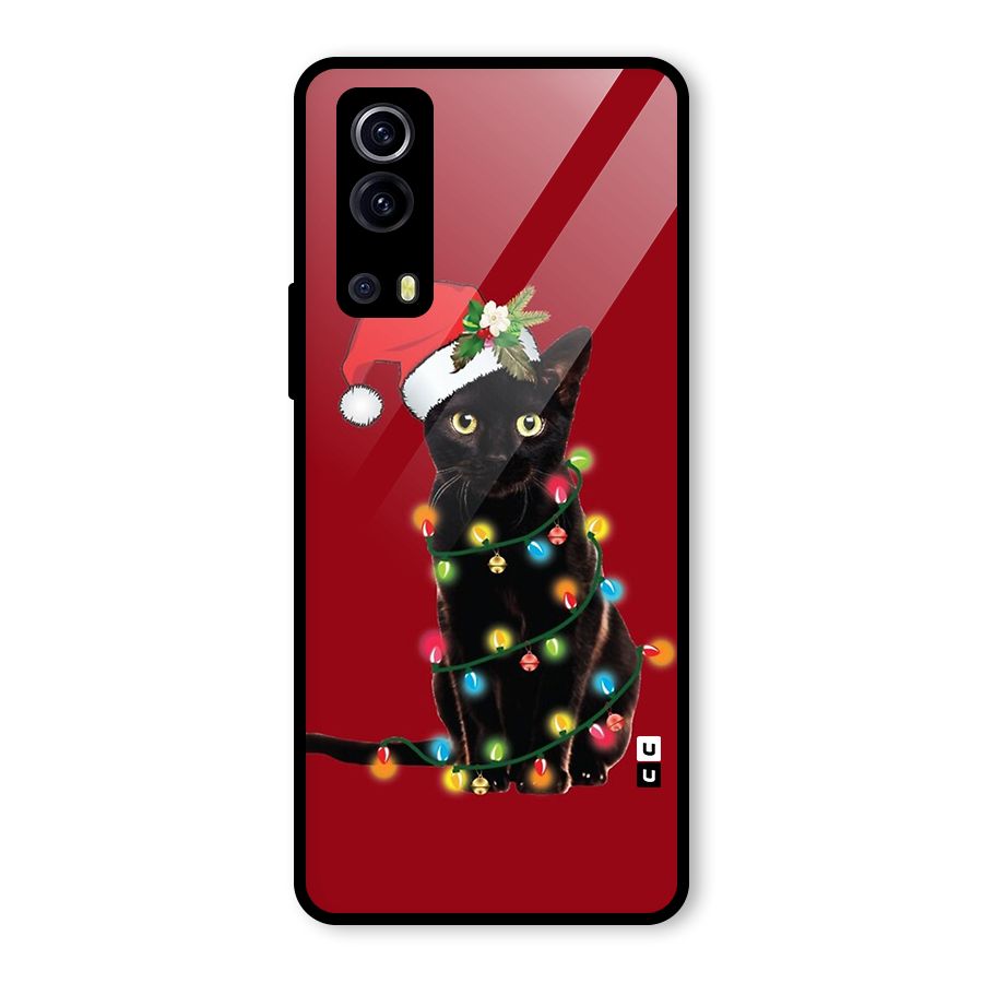 Christmas Cap Cute Cat Glass Back Case for Vivo iQOO Z3
