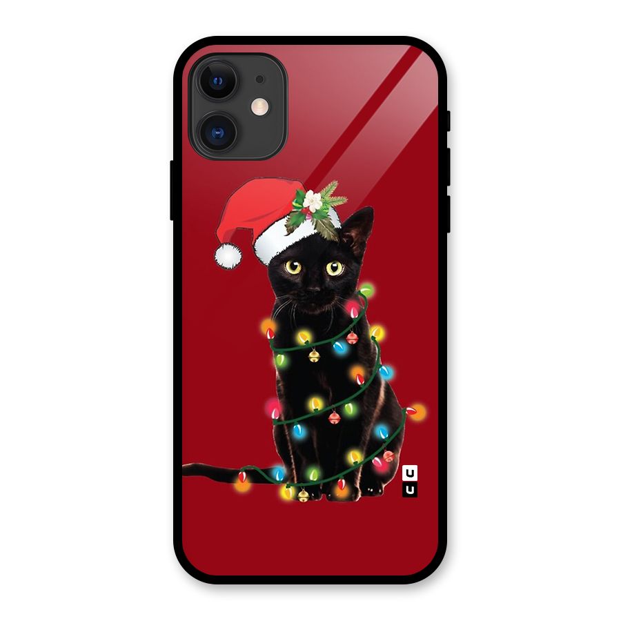 Christmas Cap Cute Cat Glass Back Case for iPhone 11