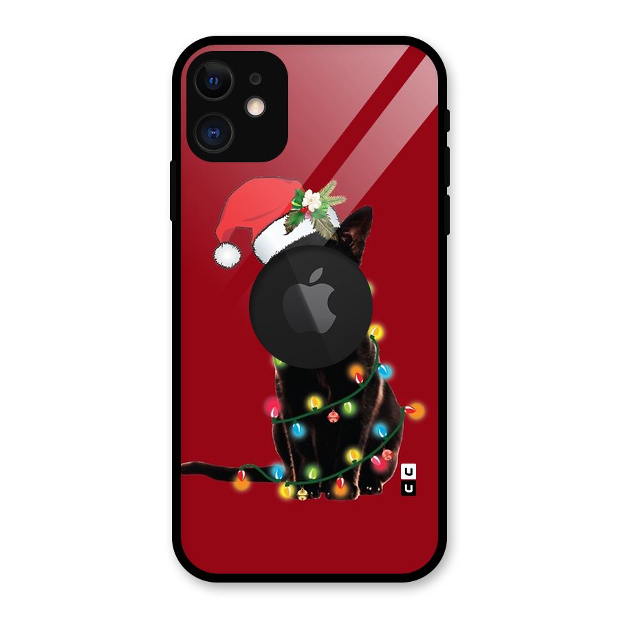 Christmas Cap Cute Cat Glass Back Case for iPhone 11 Logo Cut