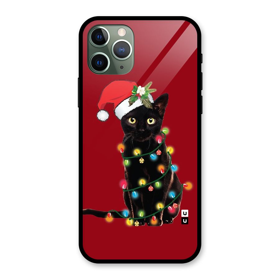 Christmas Cap Cute Cat Glass Back Case for iPhone 11 Pro