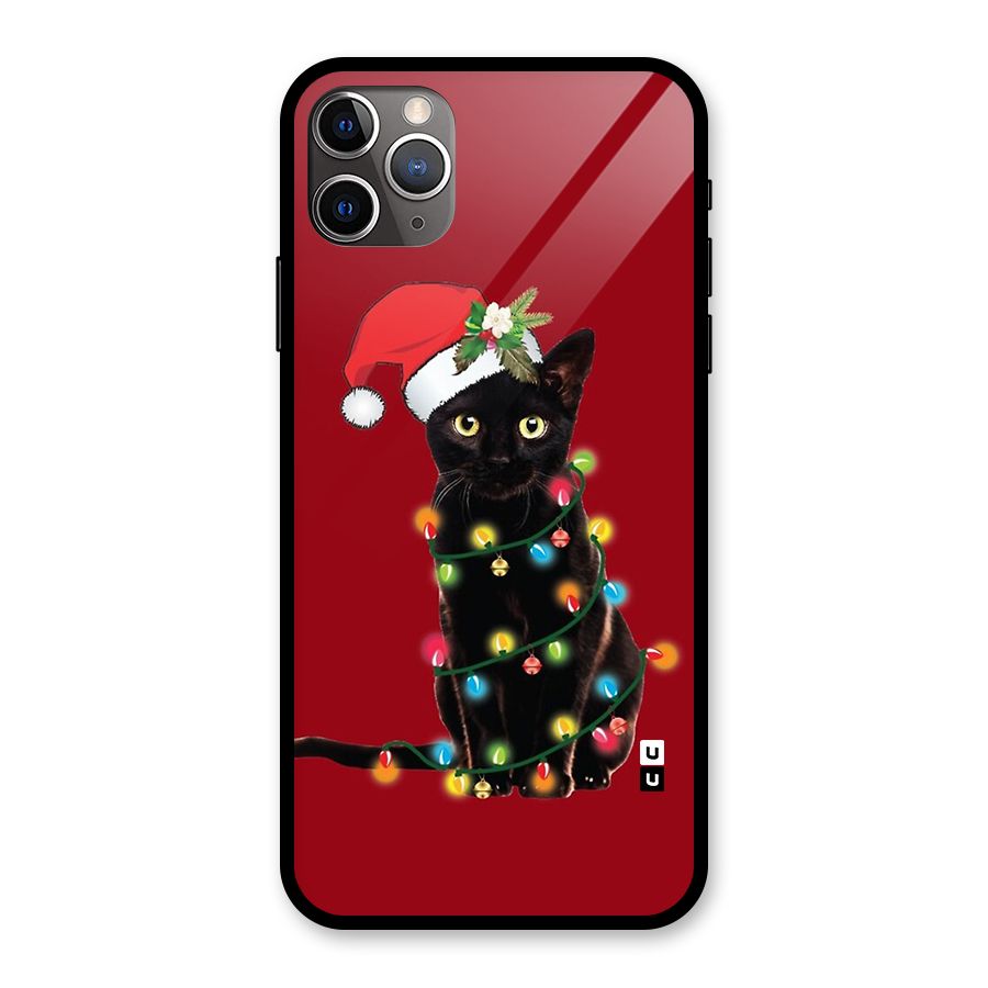 Christmas Cap Cute Cat Glass Back Case for iPhone 11 Pro Max