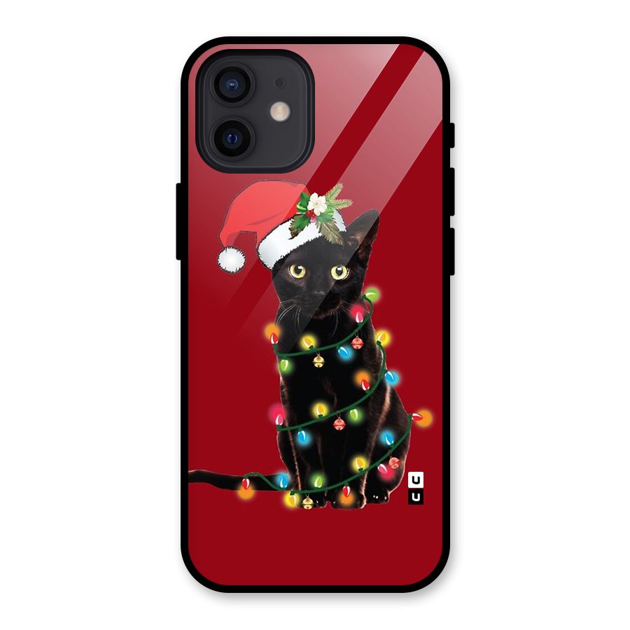 Christmas Cap Cute Cat Glass Back Case for iPhone 12