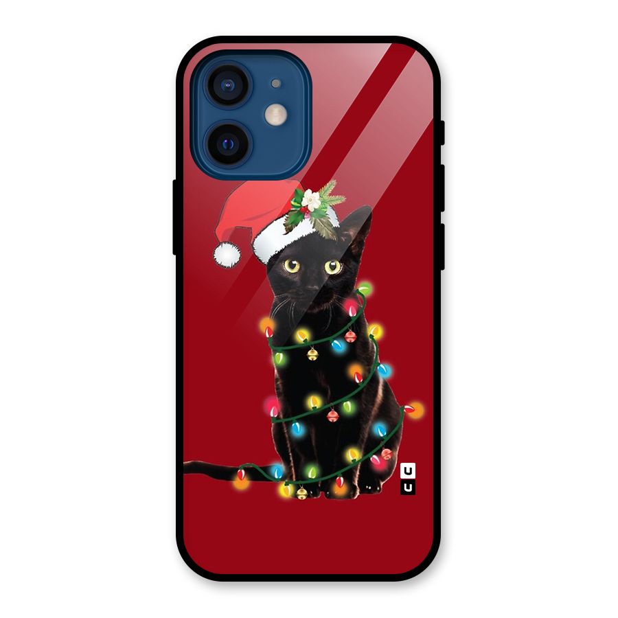 Christmas Cap Cute Cat Glass Back Case for iPhone 12 Mini