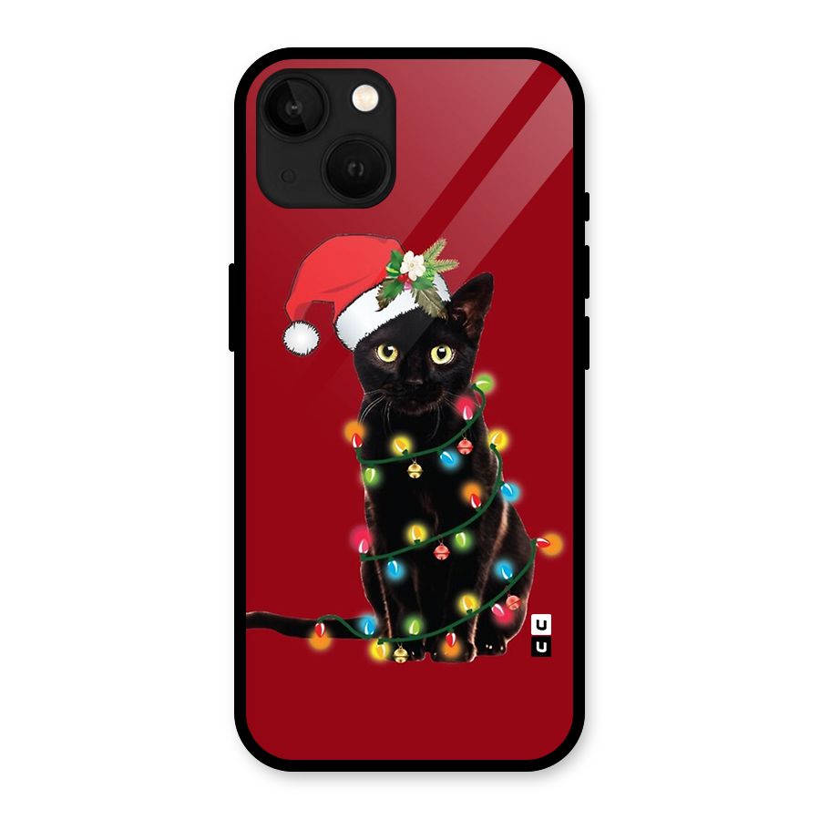 Christmas Cap Cute Cat Glass Back Case for iPhone 13