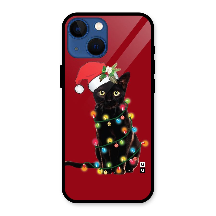 Christmas Cap Cute Cat Glass Back Case for iPhone 13 Mini