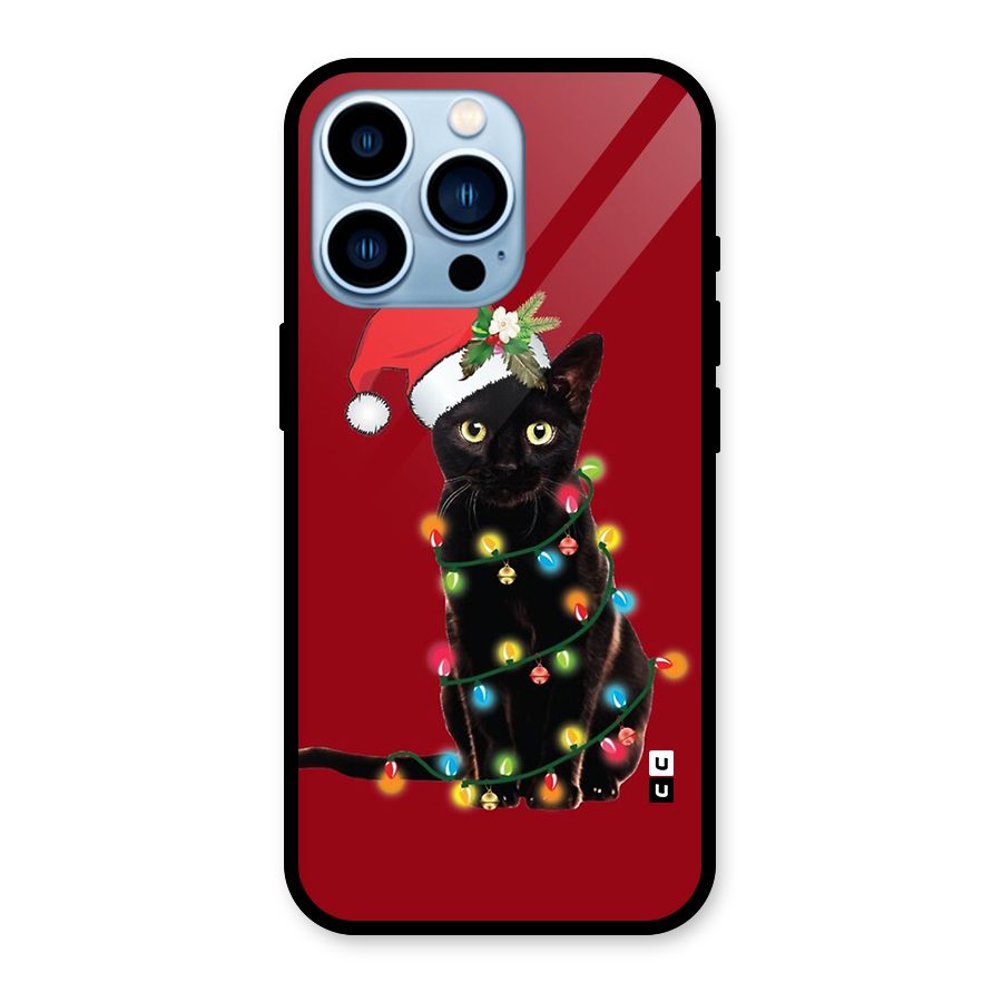 Christmas Cap Cute Cat Glass Back Case for iPhone 13 Pro