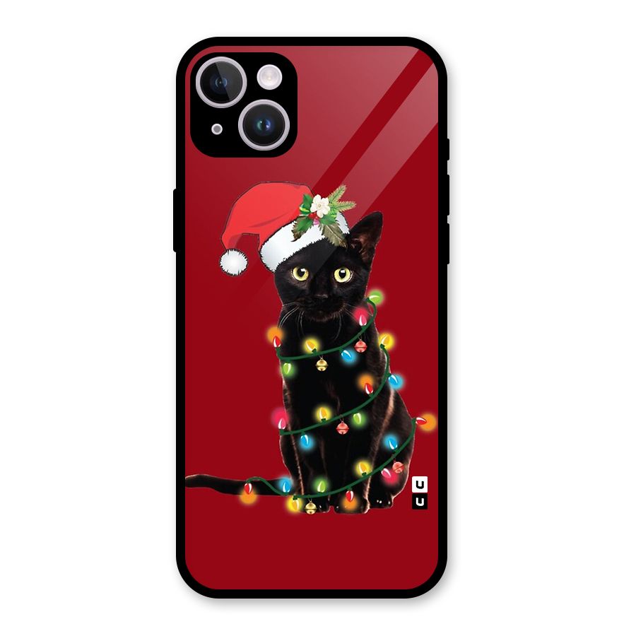 Christmas Cap Cute Cat Glass Back Case for iPhone 14 Plus