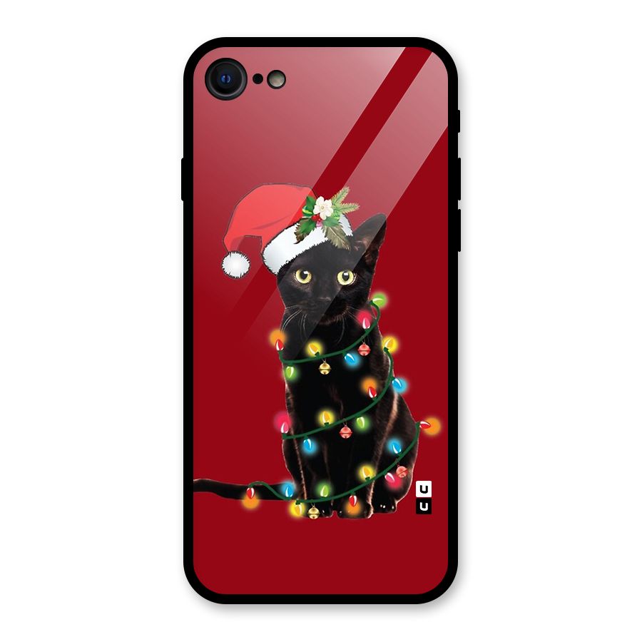 Christmas Cap Cute Cat Glass Back Case for iPhone 7