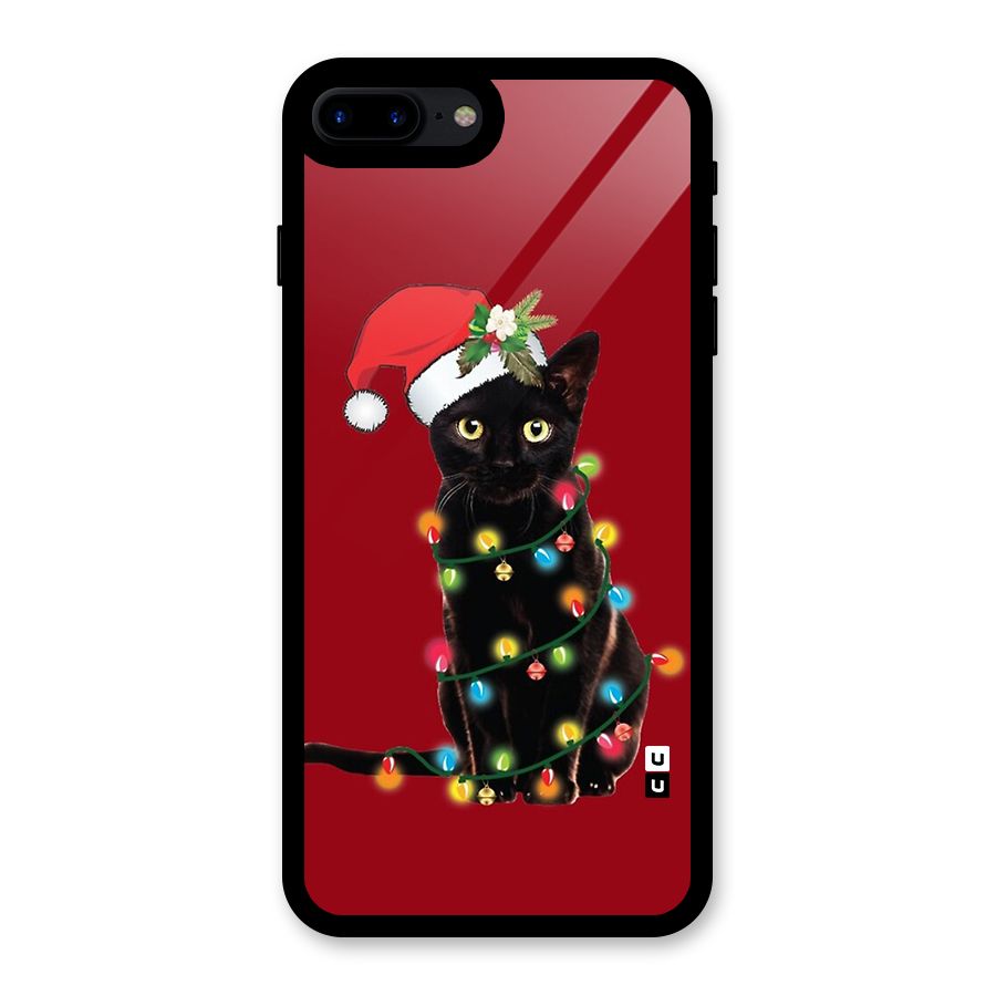 Christmas Cap Cute Cat Glass Back Case for iPhone 7 Plus