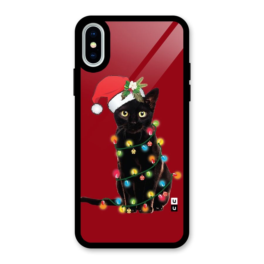 Christmas Cap Cute Cat Glass Back Case for iPhone X
