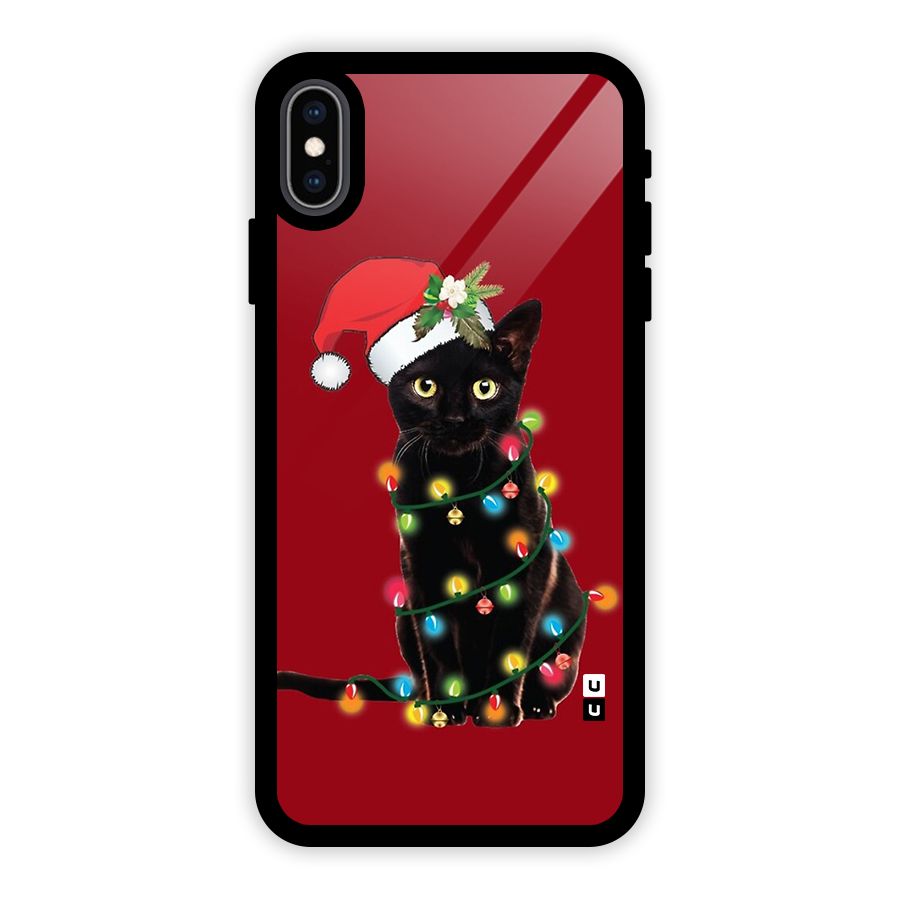 Christmas Cap Cute Cat Glass Back Case for iPhone XS Max