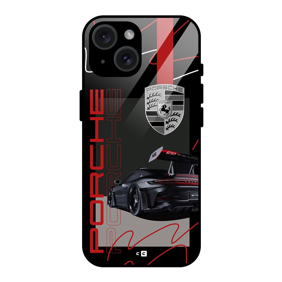 Classy Black Supercar Glass Back Case for iPhone 15