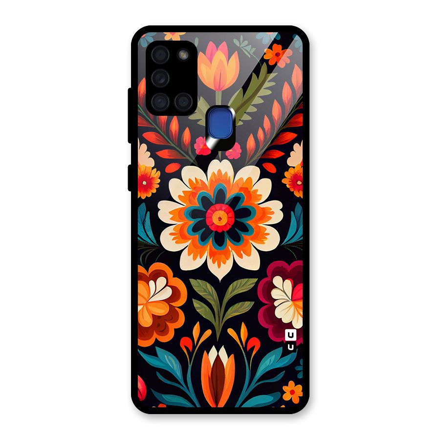 Colorful Mexican Floral Pattern Glass Back Case for Galaxy A21s