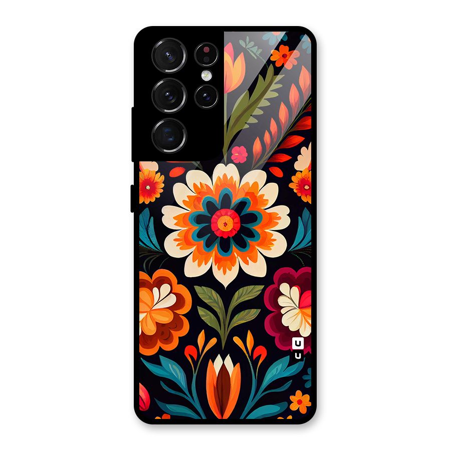 Colorful Mexican Floral Pattern Glass Back Case for Galaxy S21 Ultra 5G